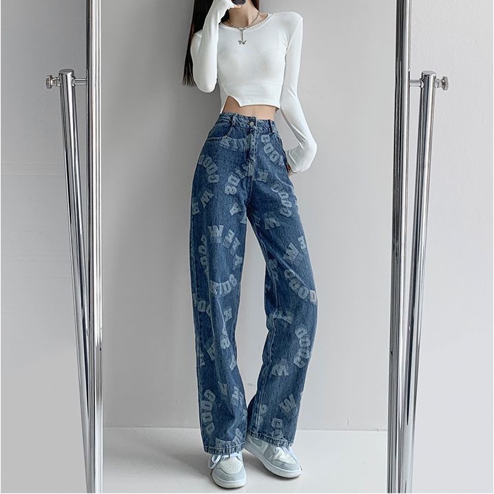 yikoo-Celana jeans high waist wanita panjang print korea cool girl pants