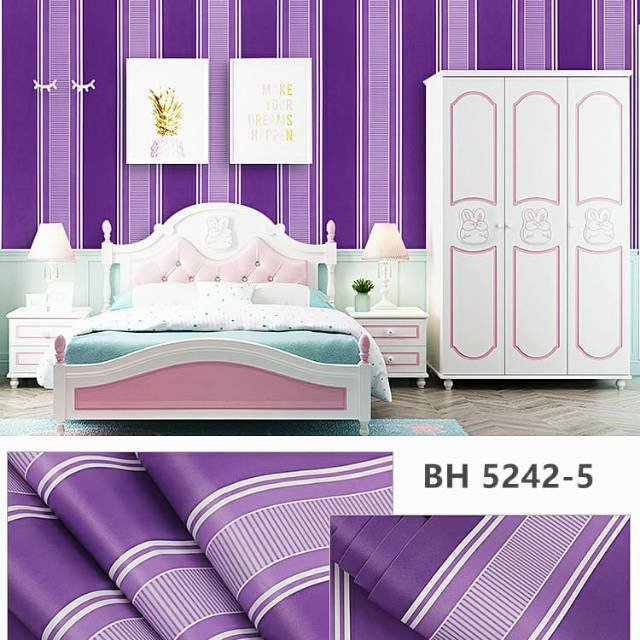 (PROMO) Gudang 10 Meter Wallpaper Dinding Kamar Tidur Motif Salur Ungu / Anti Air 45 CM x 10 Meter Bahan PVC Premium (SUDAH ADA LEM)