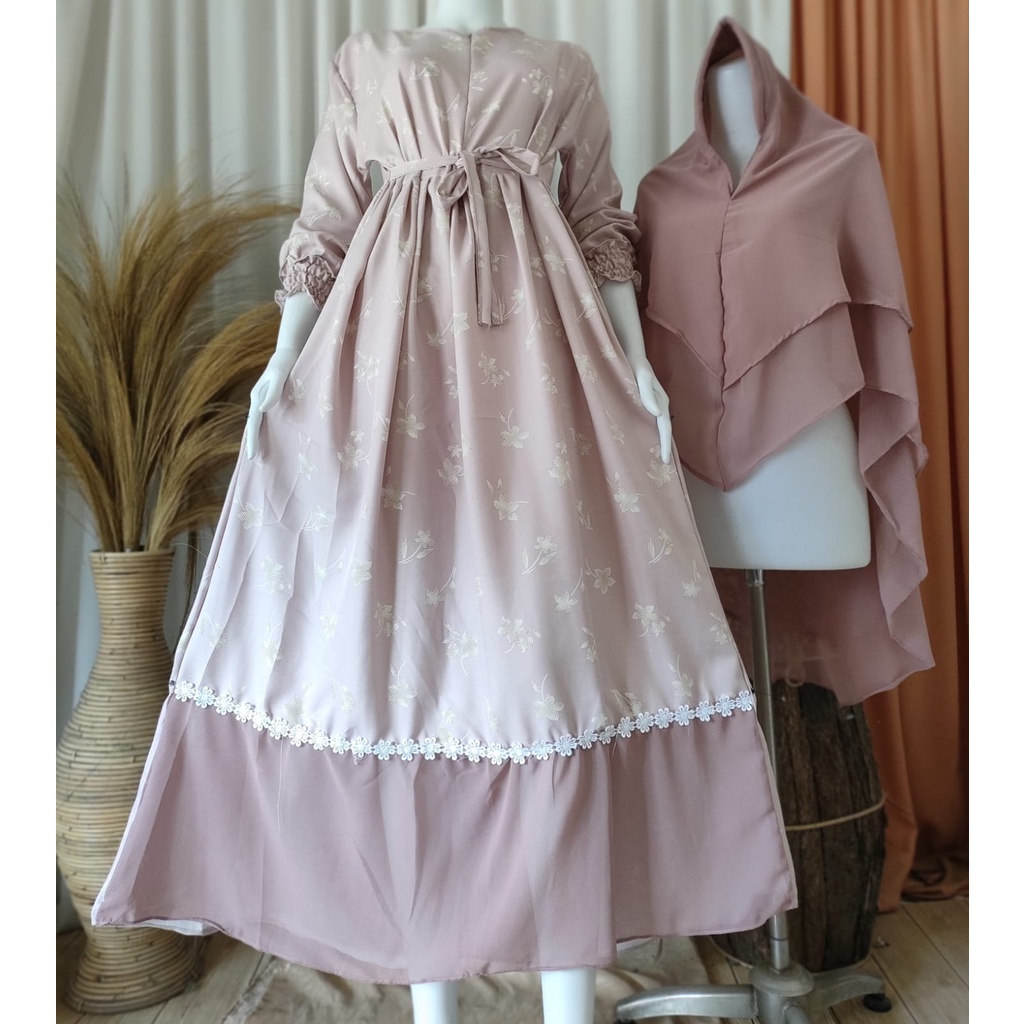 GAMIS SHAKILA PREMIUM MOTIF BUNGA CALEM SUPER LEMBUT & ADEM SET SYAR'I 2LAYER TERBARU/GAMIS SHAKILA 