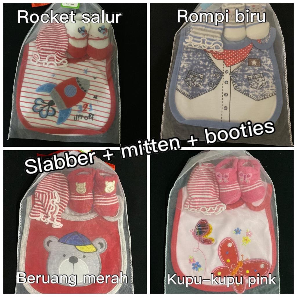 Giftpack Set Bibs Mitten Booties / Set Slabber Sarung Tangan Kaos kaki Bayi CBKS JH