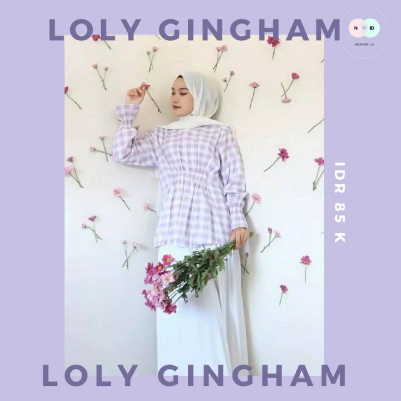Loly Atasan Blouse Wanita Kotak-Kotak Baju Wanita Gingham Lilac