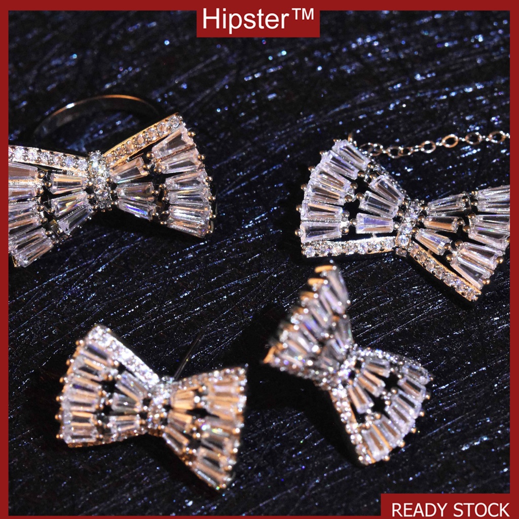 Super Fairy Bow Super Flash Diamond Stud Earrings High-Grade Necklace Sweet Light Luxury Rings Pendants Set