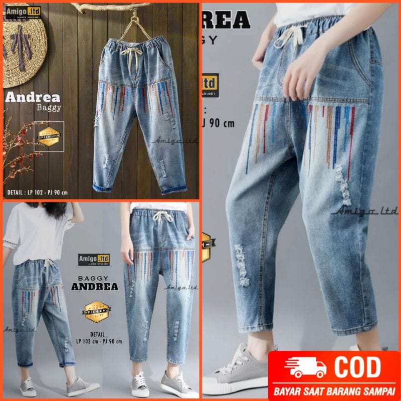 ANDREA BAGGY JEANS CELANA BOYFRIEND JEANS SNOW BORDIR TIMBUL PINGGANG KARET