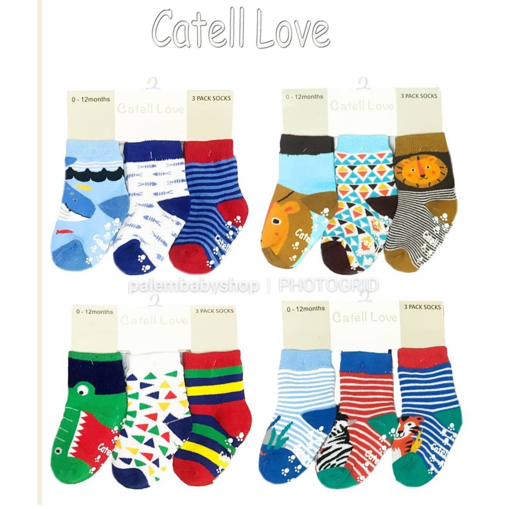 kaos kaki bayi boy&amp;girl anti selip tebal catell love 0-12 bulan 3pcs 114711