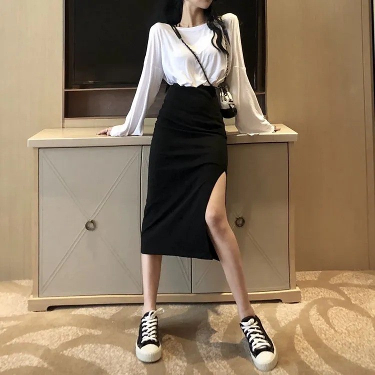 Korean Midi Skirt Plain Split Rok Belah Hitam Polos 1265 (S/M/L)-8
