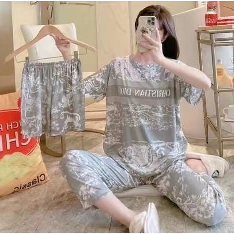 AJW Shop Piyama 3 in 1 | Piyama Lengan Pendek | Baju Tidur Impor | Baju Tidur 3in1-Motif D Grey