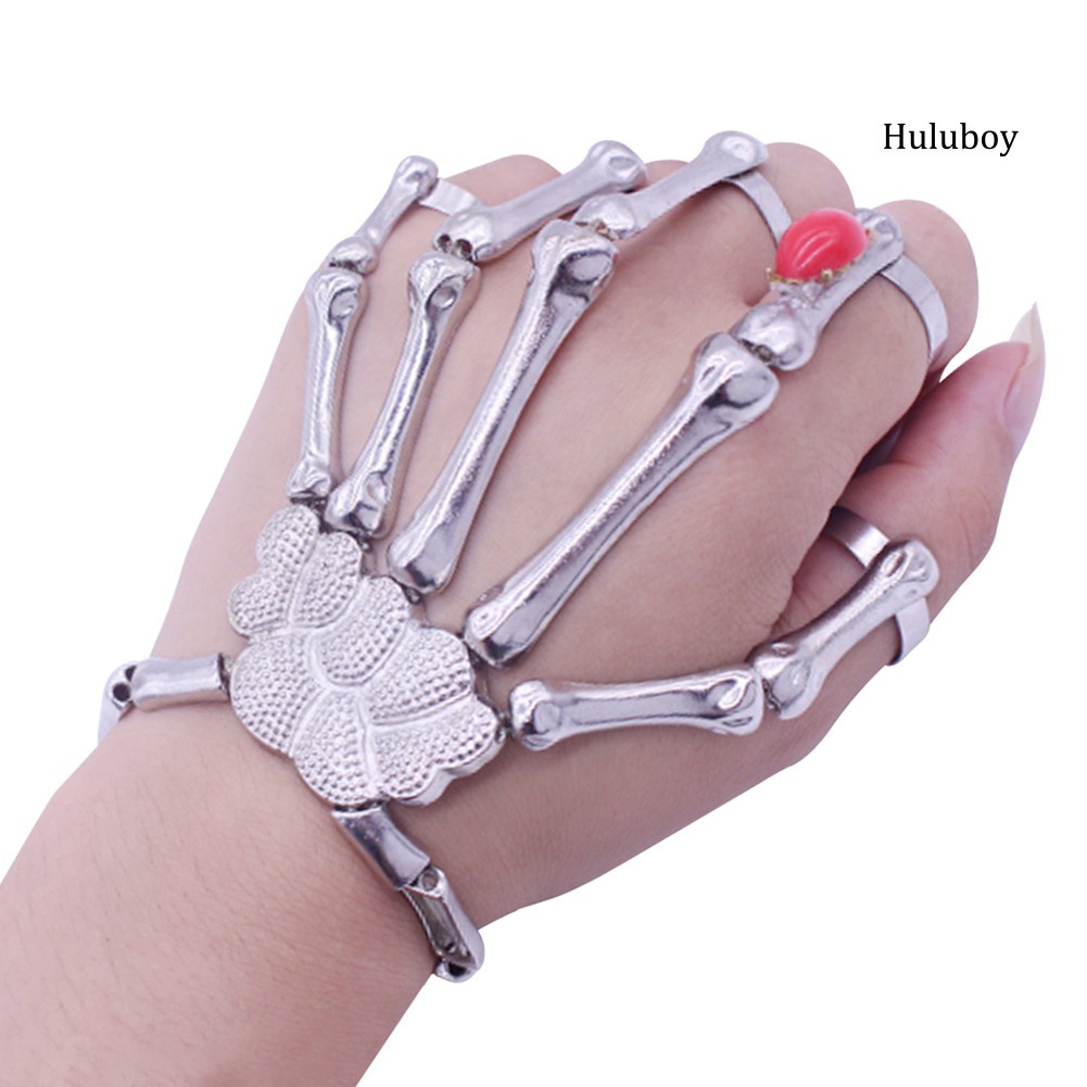 HLB◕Punk Faux Ruby Skeleton Skull Bone Hand Fingers Rings Bracelet Party Bangle