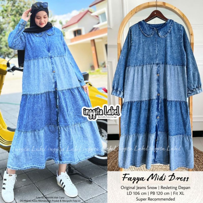 FAYYA midi dress jeans bigsize ld 106 gamis mide jeans mitif snow busui kancing aktif by inggita lab