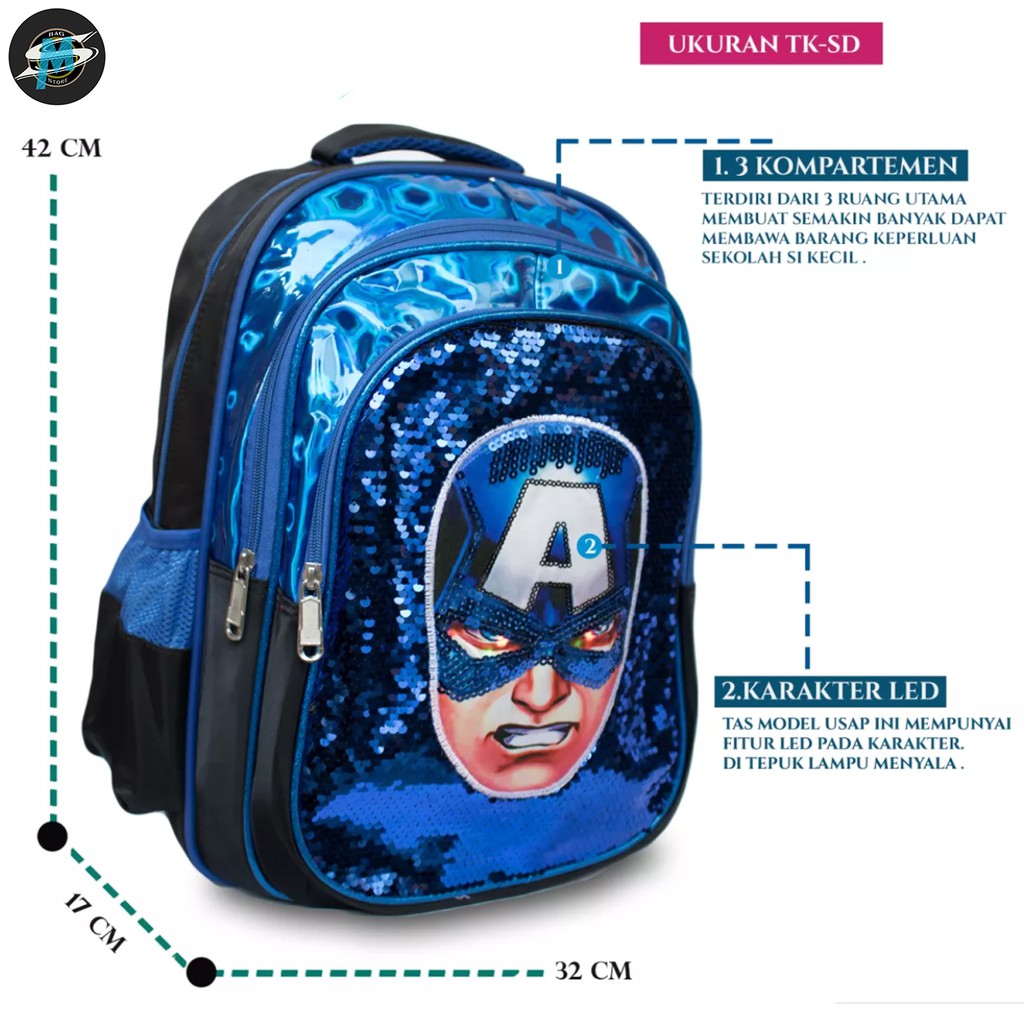 Tas Ransel Anak Tas Ransel Usap LED Tas Sequin Import cowok 3 kantong Utama 18 inch TAS USAP LAMPU