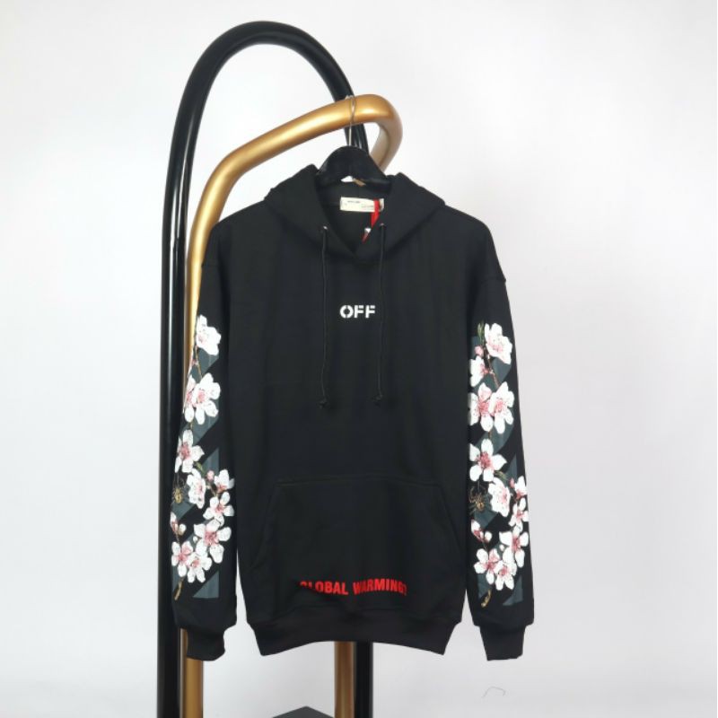 HOODIE OFF WHITE CHERRY BLOSSOM HITAM SWEATER UNISEX CEWEK COWOK TERLARIS