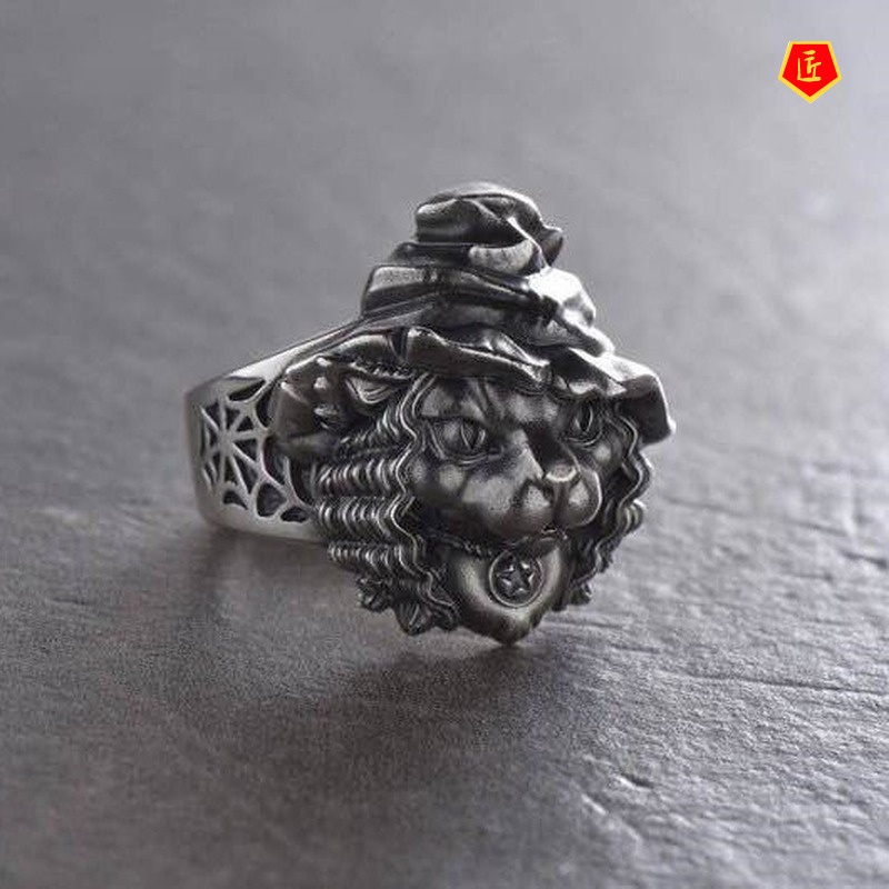 [Ready Stock]Retro Personality Animal Silver Cat S925 Silver Ring