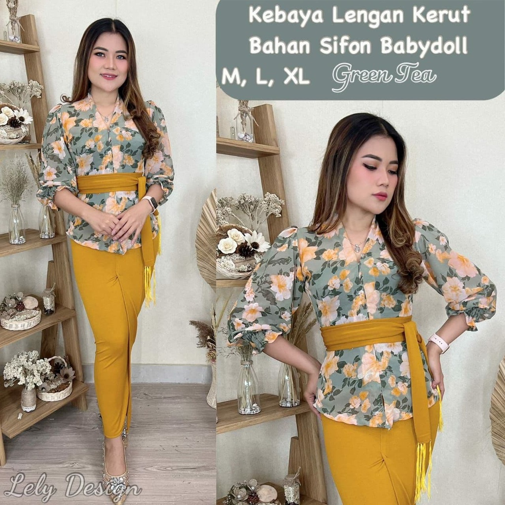SudanBali Setelan Kebaya Sifon Lengan Kerut dan Rok Kamen Jadi Moscreft Stretch Free Selendang