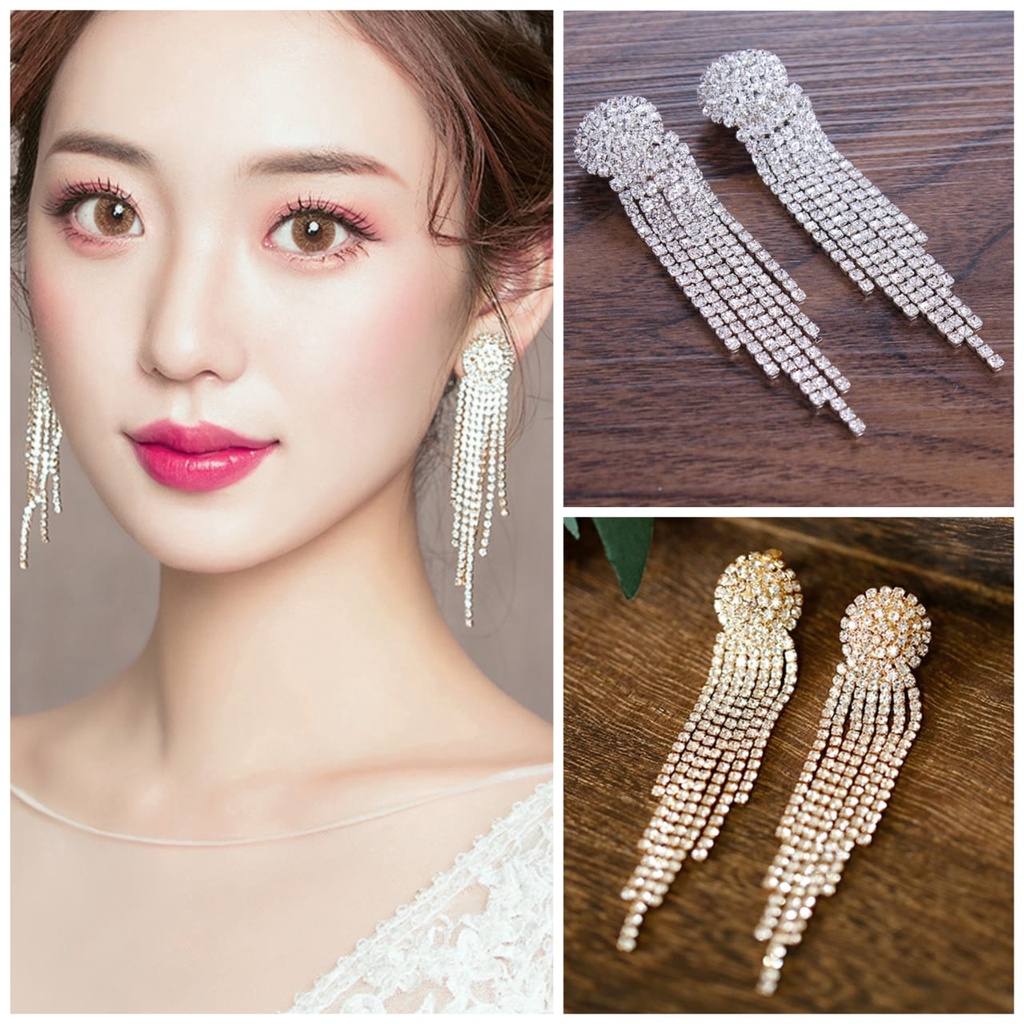 Jurai Earring - Anting Giwang Model Jurai Dengan Kristal + Rumbai Untuk Aksesoris Pengantin / Gaya