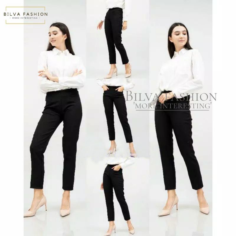 Celana Bahan Kerja Kantor Formal Wanita Pinggang Karet Highwaist Bahan Stretch Melar