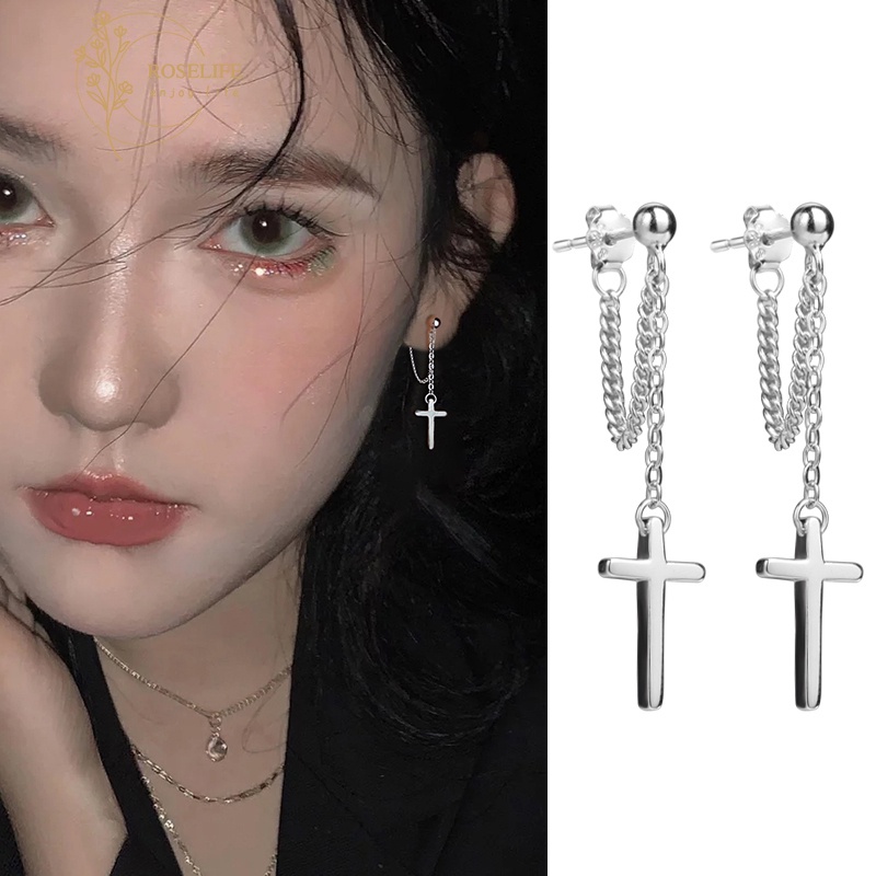 Roselife Silver Cross Tassel Chain Dangle Earrings for Women Fashion Ear Jewelry 1 Pair