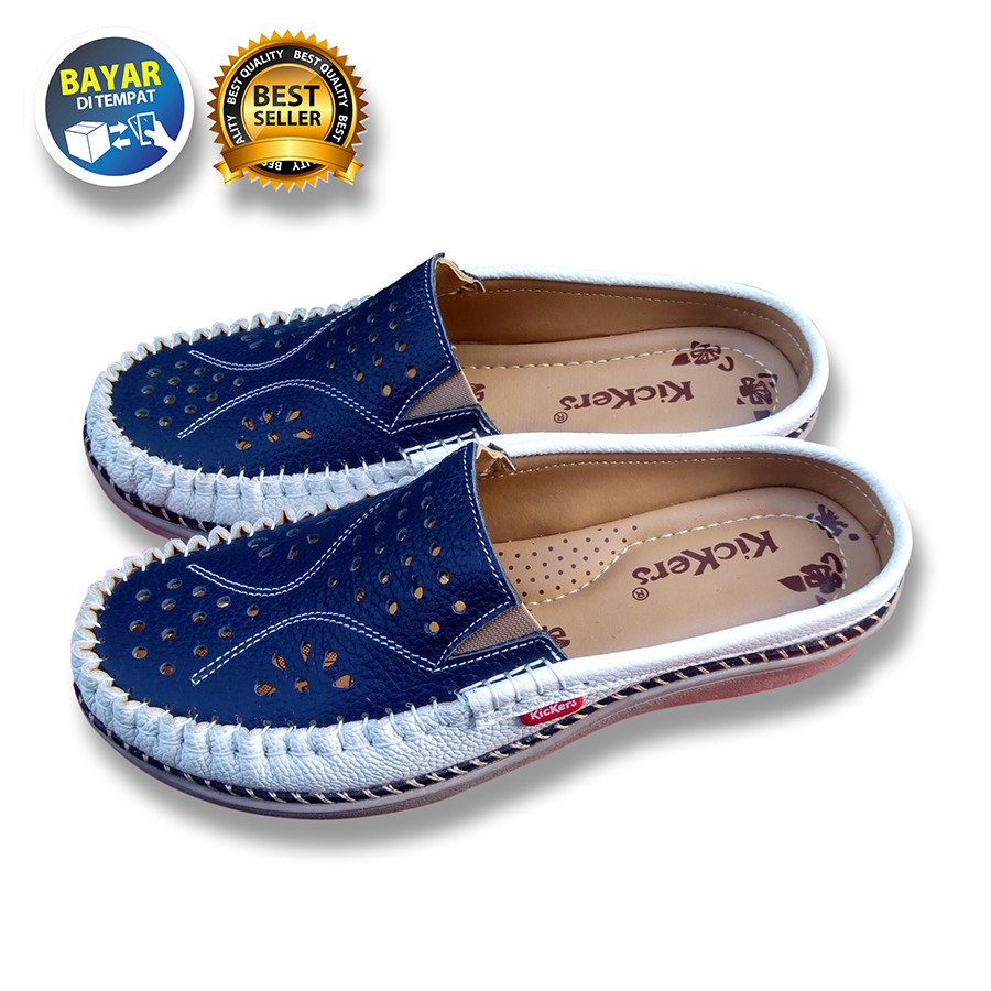 PROMO 4.4 MEGA SALE !! SEPATU WANITA DEWASA KULIT SAPI ASLI SLOP RAMPEL BIRU PUTIH / SAKIPO