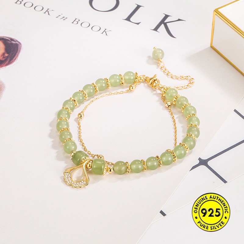 Gelang Tangan Rantai Lapis Emas 18K Aksen Daun Ginkgo Jade Untuk Wanita