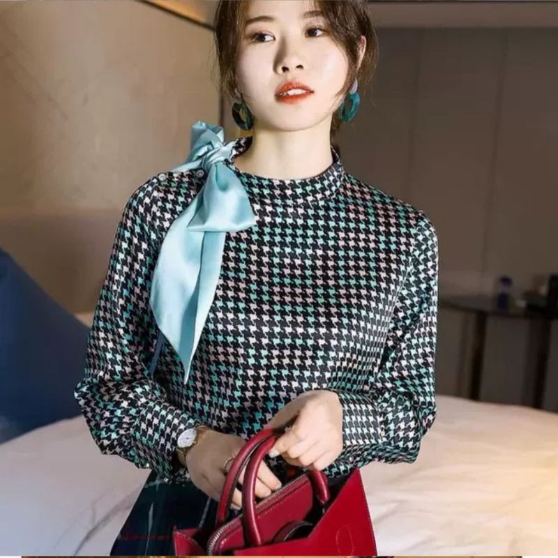 MDLV ~ BM 8828 MAIA HOUNDSROOTH TIE-NECK // FASHION IMPORT WANITA