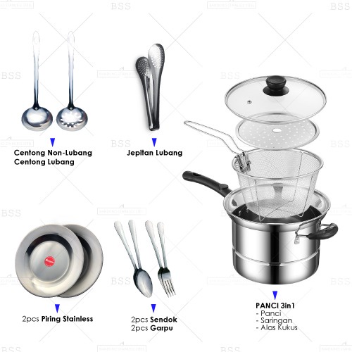 Promo 12in1 Panci kukus Saringan Set Piring Stainless Sendok Garpu makan jepitan murah