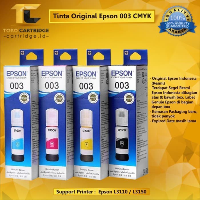 Tinta Epson EcoTank 003 Original Cyan Magenta Yellow Black Refil Ink Printer L1110 L3110 L3150 L5190-0