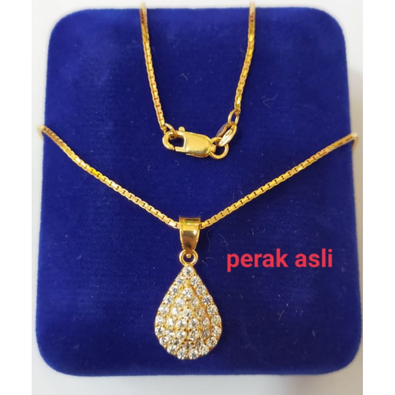 Kalung Itali + Liontin Oval Mata2, Perak 925, Sepuh Emas Kuning