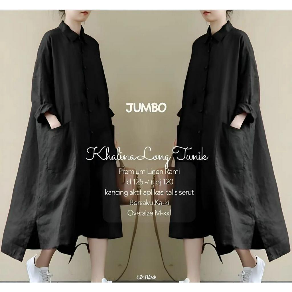 LONG TUNIK JUMBO KHALINA BAHAN LINEN RAMI LD 100 - 125 CM WARNA  ARMY , BLACK , MAROON , MILO LONG TUNIK WANITA TERBARU 2023 MIDI DRESS WANITA TERBARU BAJU ATASAN WANITA TERBARU KOREAN STYLE