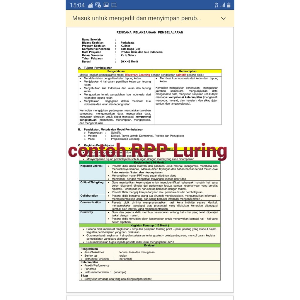 RPP 1 lembar daring dan Luring/tatap muka, Tata Boga, Kepariwisataan Kelas X, 2Semester