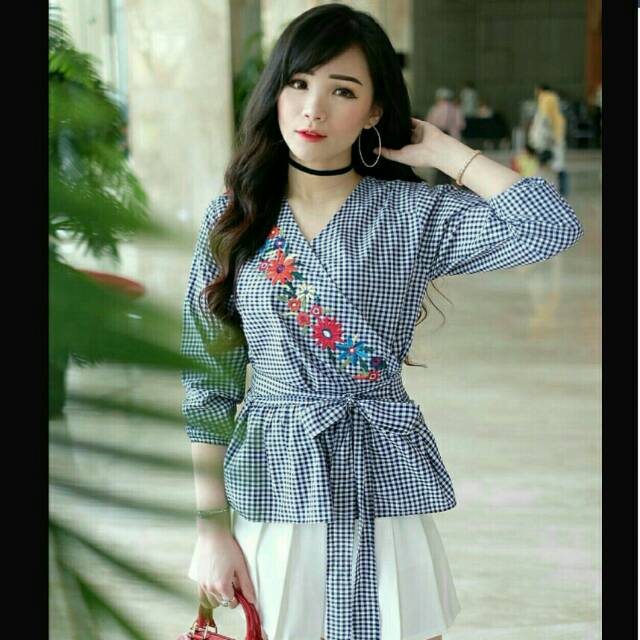 Blouse wanita Kimono bahan katun kotak / garis bordir dada ada tali pinggang Ken-326