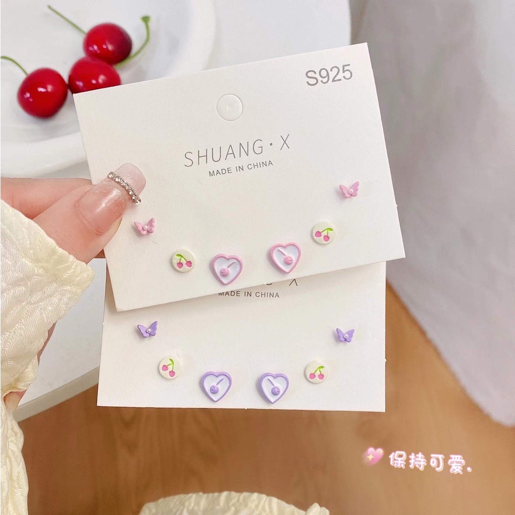 IFYOU 3pcs / set Anting Stud Desain Cherry Butterfly Gaya Vintage Untuk Wanita