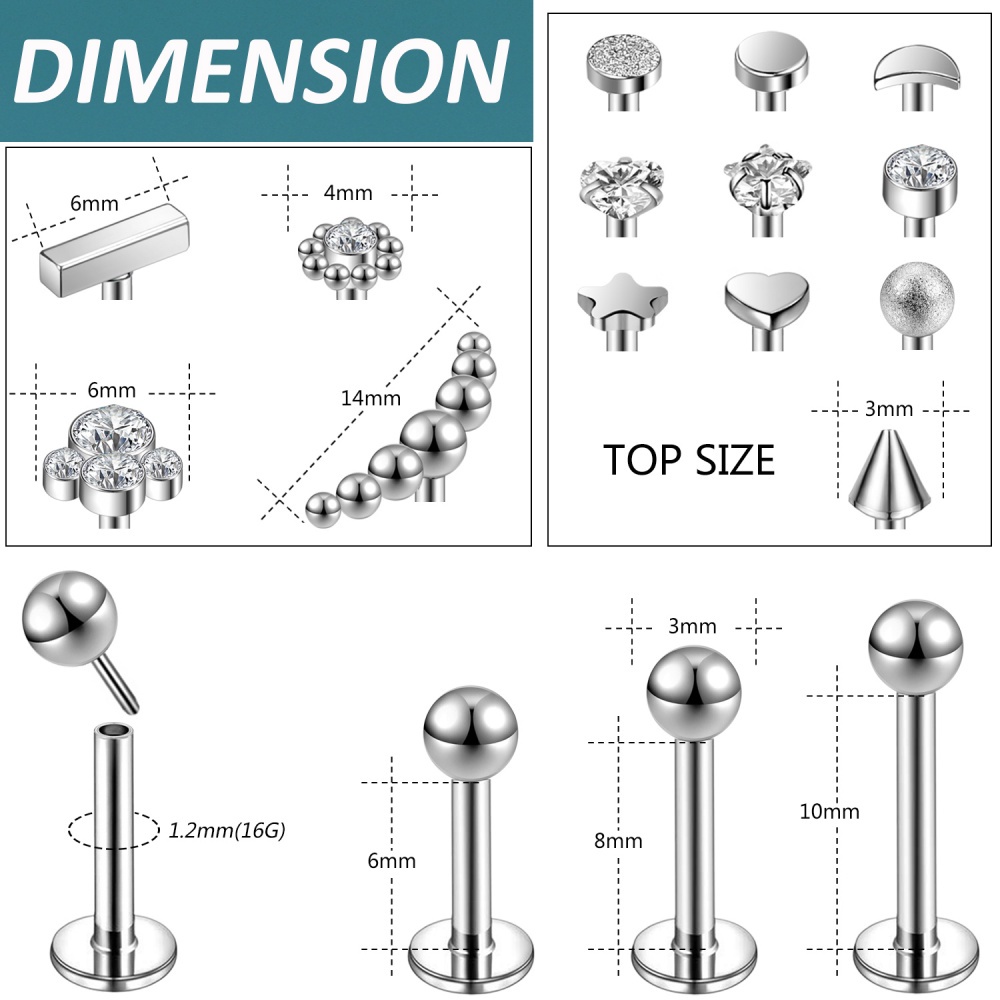 4-15pcs Anting Tindik Bibir / Tulang Rawan Telinga Bahan Stainless Steel Hias Kristal 3 Warna Ukuran 6 / 8mm