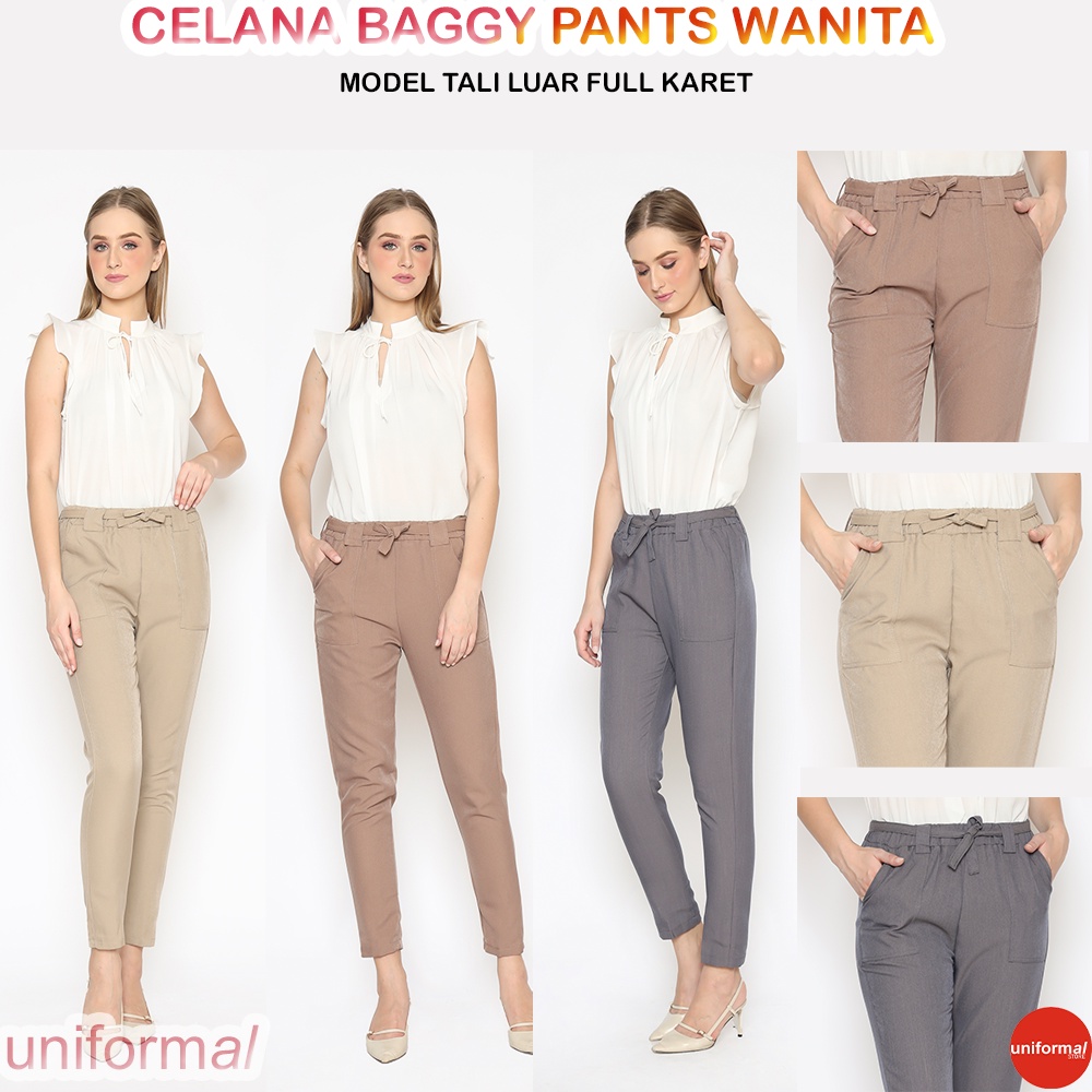 BAGGY PANTS CELANA PANJANG WANITA TALI LUAR KEKINIAN PREMIUM  / BAGY TWILL / CLANA POLOS CEWE CEWEK / KANTOR / KERJA / KANTORAN / KULIAH / KULIAHAN / KONDANGAN / BAHAN KATUN / KARET / TRAINING / TERBARU / MURAH / COKLAT / HITAM / ABU / CREM / DONGKER BIRU