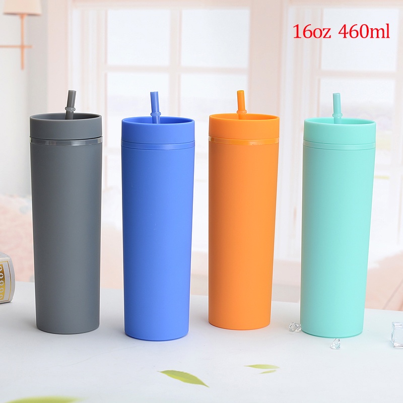 1pc Tumbler Dinding Ganda Bahan Plastik Ukuran 16oz Dengan Sedotan