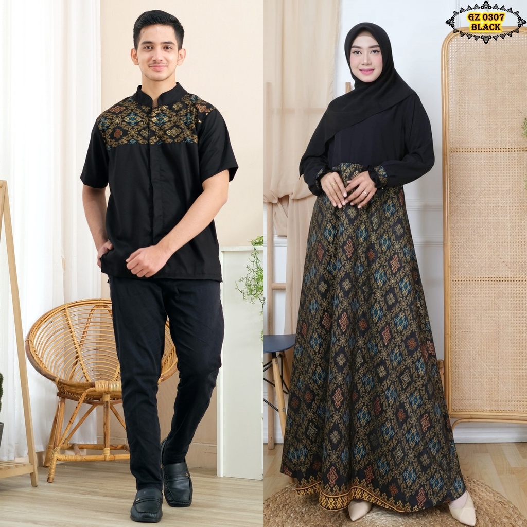 Gamis Batik Couple GZ0307 Black/ Gamis Couple Hitam/ Gamis Koko Couple Batik Hitam