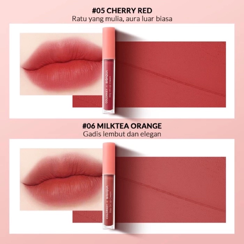 COLORKEY X BIOAQUA Stay On Lip Cream Matte Moist Pigmented Tekstur Ringan Tahan lama Bibir Lembab Tidak Kering