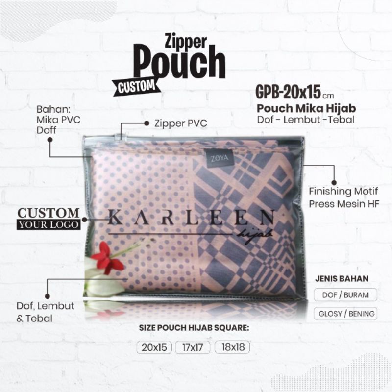 Zipper Custom Pouch Mika Hijab Square Size 20×15 Bahan Pvc Dof 0,15 Micron Kualitas Premium Anti Air
