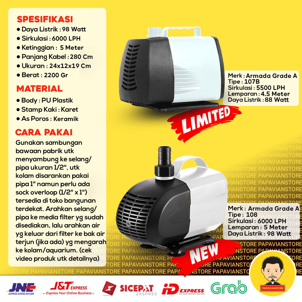 Pompa Air Mesin Filter Celup Sirkulasi Kolam Ikan Koi Low Watt Aquarium Tank Submersible Hidroponik Hydroponic Water Pump Waterfall Air Terjun Hias - 3500 4500 5000 LPH Liter Per Jam 4 Meter Ketinggian 4m P017