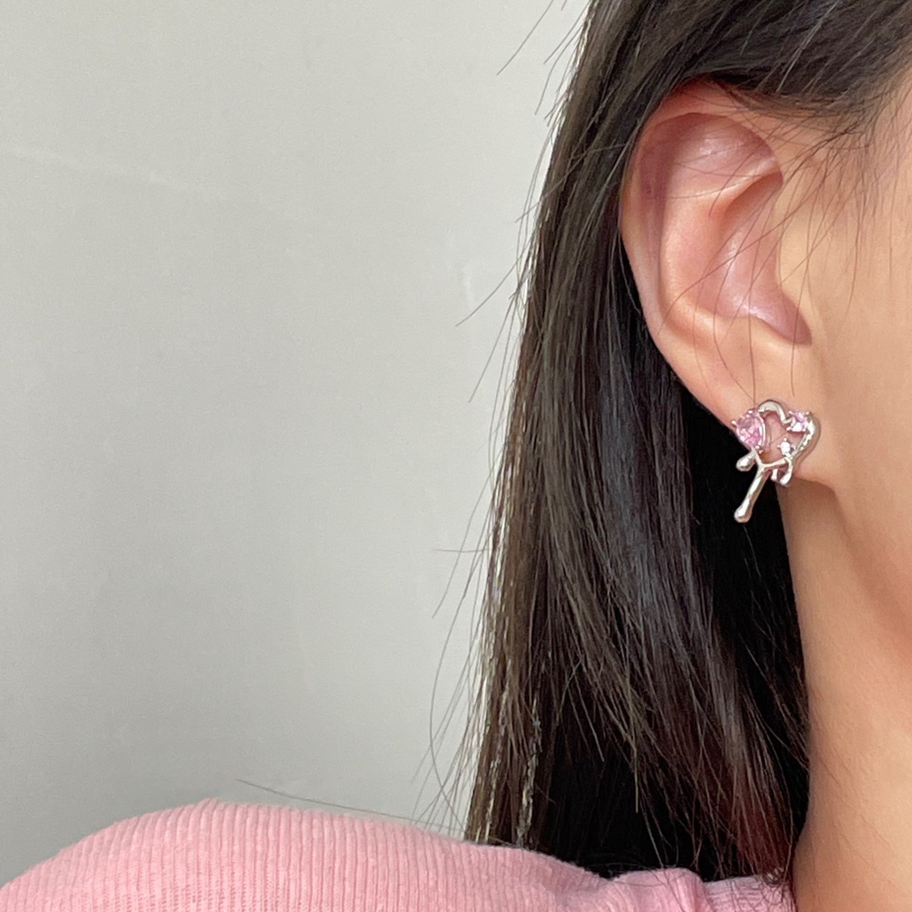 Anting Stud Kristal Bentuk Hati Warna Pink Untuk Wanita