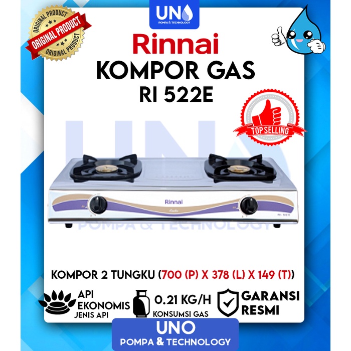 Rinnai Kompor Gas 2 Tungku Stainless Steel Ri 522 E / RI522E / RI-522 E