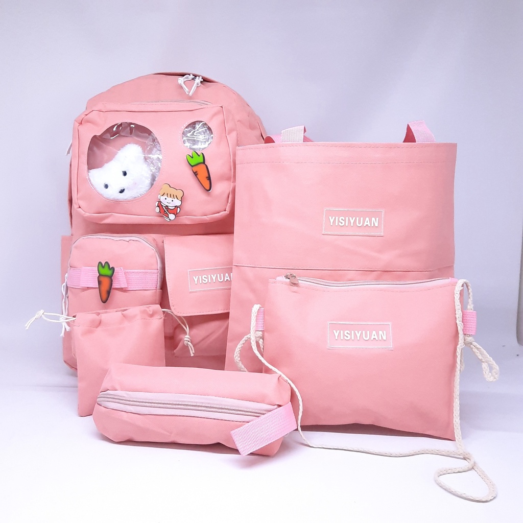 SET 5 STYLISH KOREAN BAGPACK FREE BONEKA / TAS Fashion KOREA KEKINIAN HADIAH BROSS STICKER 5in1 / RANSEL IMPORT REMAJA WANITA + TAS KECIL KOTAK PENSIL / TAS SD SMP SMA KULIAH PEREMPUAN / TAS SEKOLAH KOREA / CUTE SCHOOL BAG / TAS ESTETIK LUCU / WATERPROOF