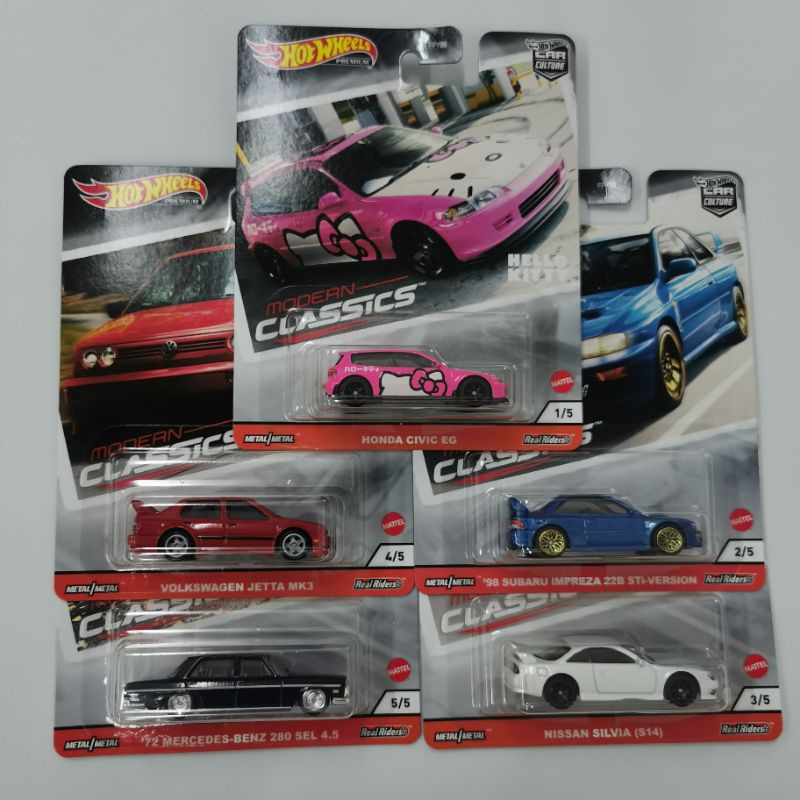 HOT WHEELS MODERN CLASSICS 2020 HONDA CIVIC EG HELLO KITTY PINK 72 MERCEDES BENZ 280 SEL 4.5 VOLKSWAGEN VW JETTA NISSAN SILVIA S14 98 SUBARU IMPREZA 22B STI CAR CULTURE