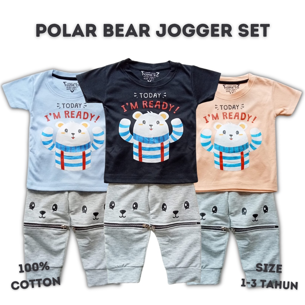 setelan jogger anak laki laki 1-3 tahun polar bear / blue dino jogger set kaos lengan pendek jogger panjang balita laki laki