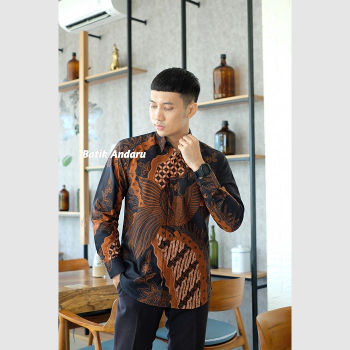 Baju Kemeja Batik Pria Lengan Panjang Modern Heem Elegant Premium Warna Hitam Coklat