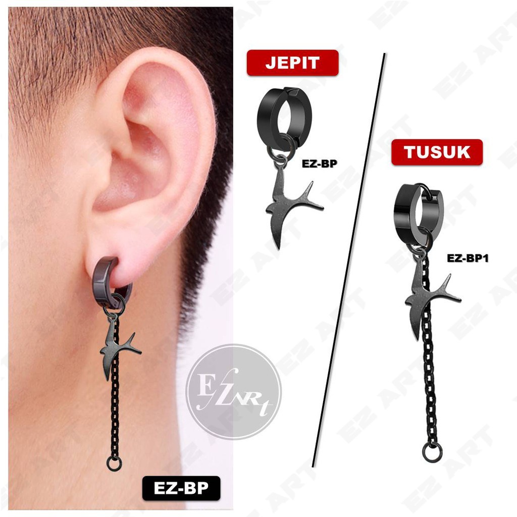 1Pc EZ-BP ANTING FASHION WALET SWALOW HITAM BLACK STAINLESS STEEL JEPIT TUSUK PRIA WANITA KPOP PUNK