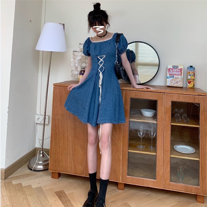 [MikanHiro Store] Dress Denim Square Collar Line A Korean Style