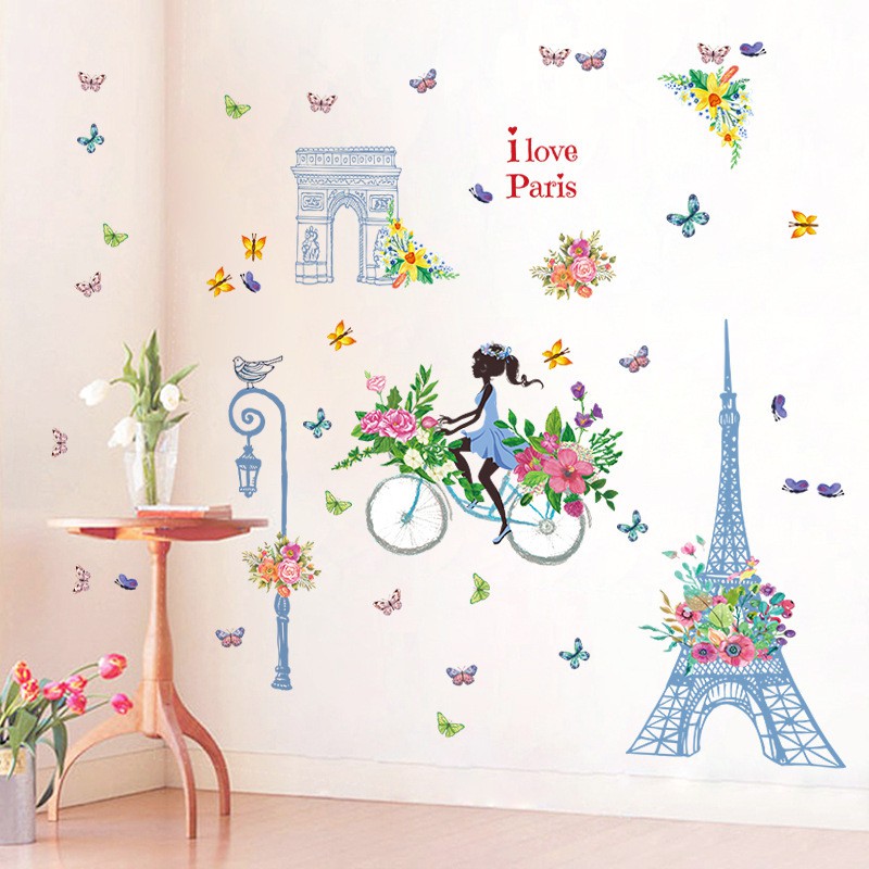 RELIZA Wall Sticker / Stiker Dinding 60X90 I LOVE PARIS EIFFEL BLUE GIRL SK9164