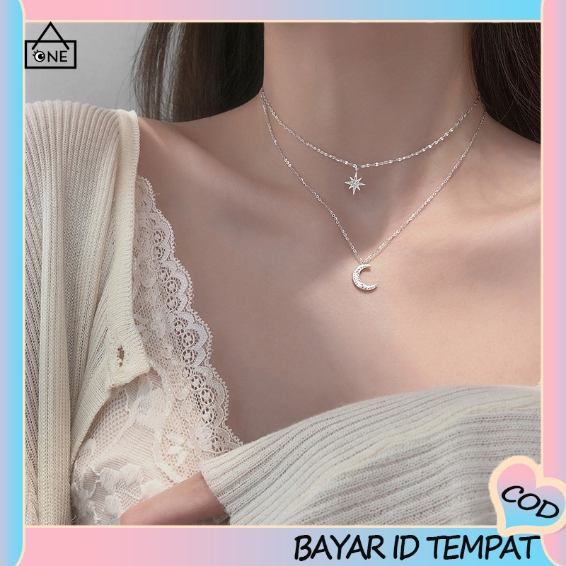 COD❤️Kalung Oktagonal Star Moon Double Layer Kalung Wanita Cahaya Mewah Rantai Klavikula Tumpang Tindih