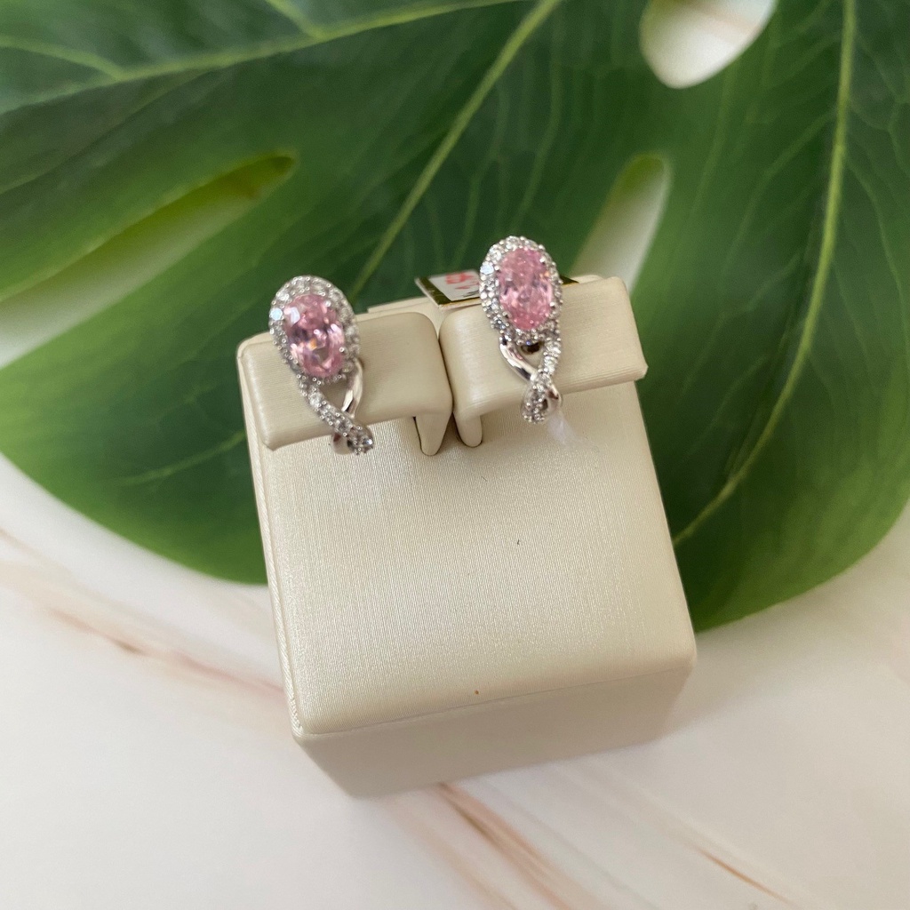 Anting Jepit Emas Putih Fashion Zircon Pink Kadar 75% 2.56 Gram