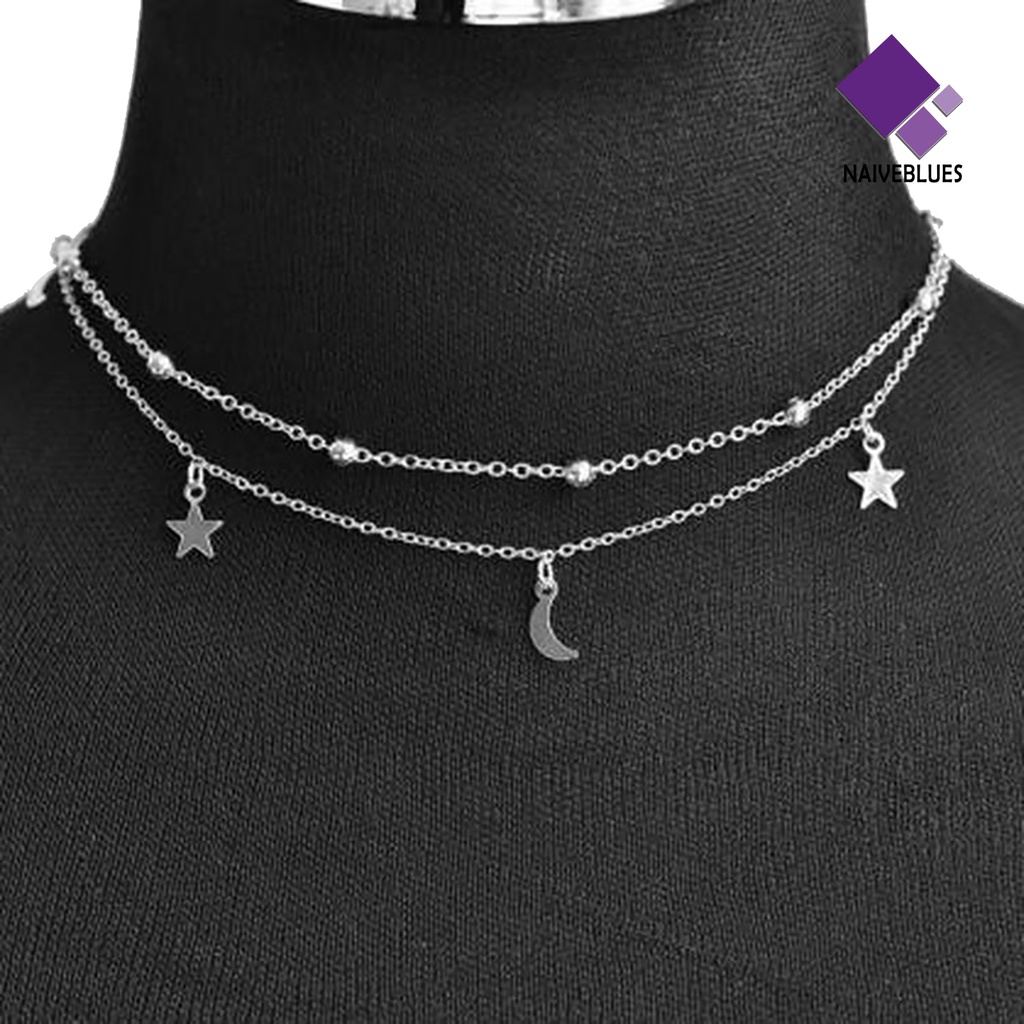 Naiveblue Kalung Choker Lapis Ganda Dengan Liontin Bulan Sabit Warna Emas Untuk Wanita