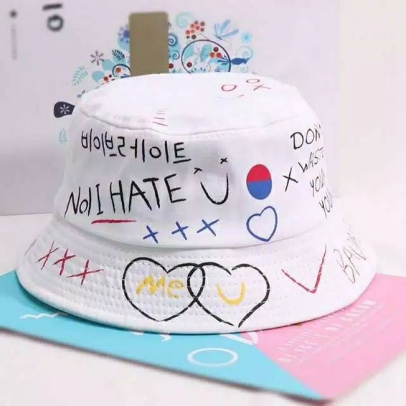 Topi badas bucket/ Wanita Motif Graffiti Gaya Korea Untuk Pasangan-Kpop Topi Bucket AksesorisFashion