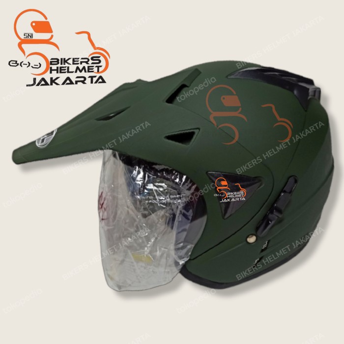 Supermoto Helm Solid Hijau Army Doff Double Visor Half Face Semi Cross Termurah